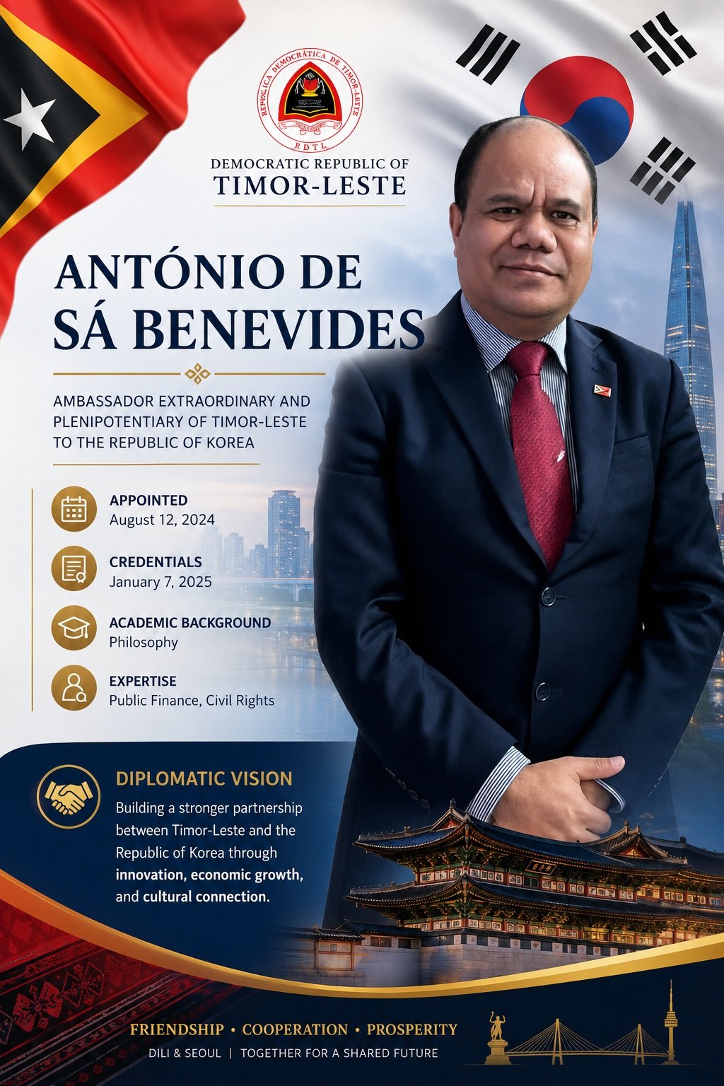 Official portrait of H.E. António de Sá Benevides, Ambassador of Timor-Leste to the Republic of Korea