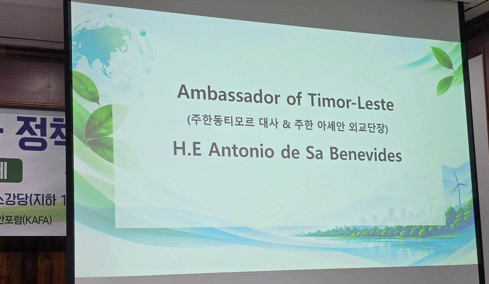 Welcome presentation slide for the Ambassador of Timor-Leste at the National Assembly